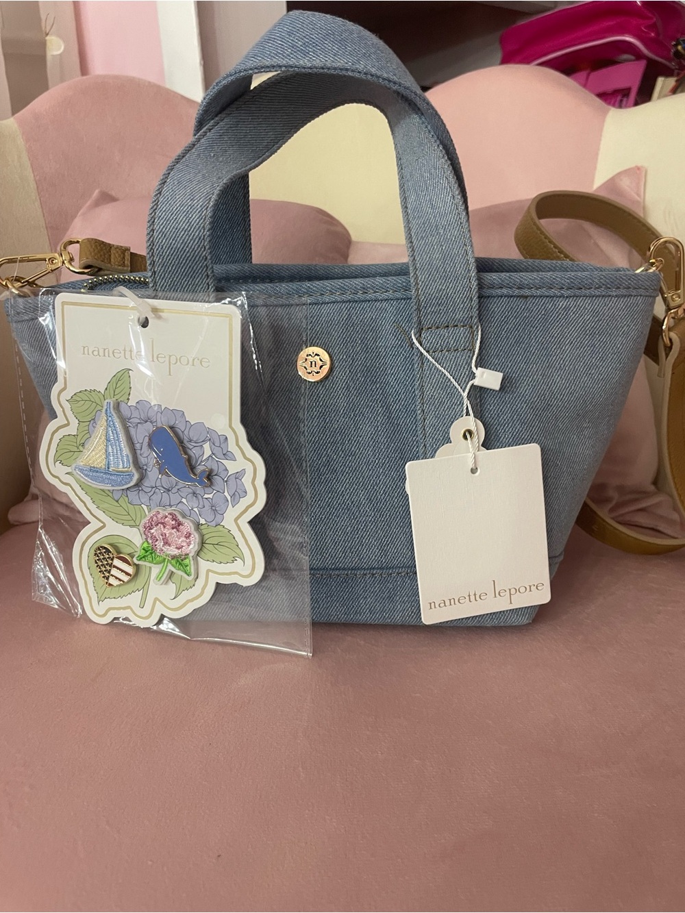 Nanette Lepore Light Blue Denim Mini Tote with Gold Accent